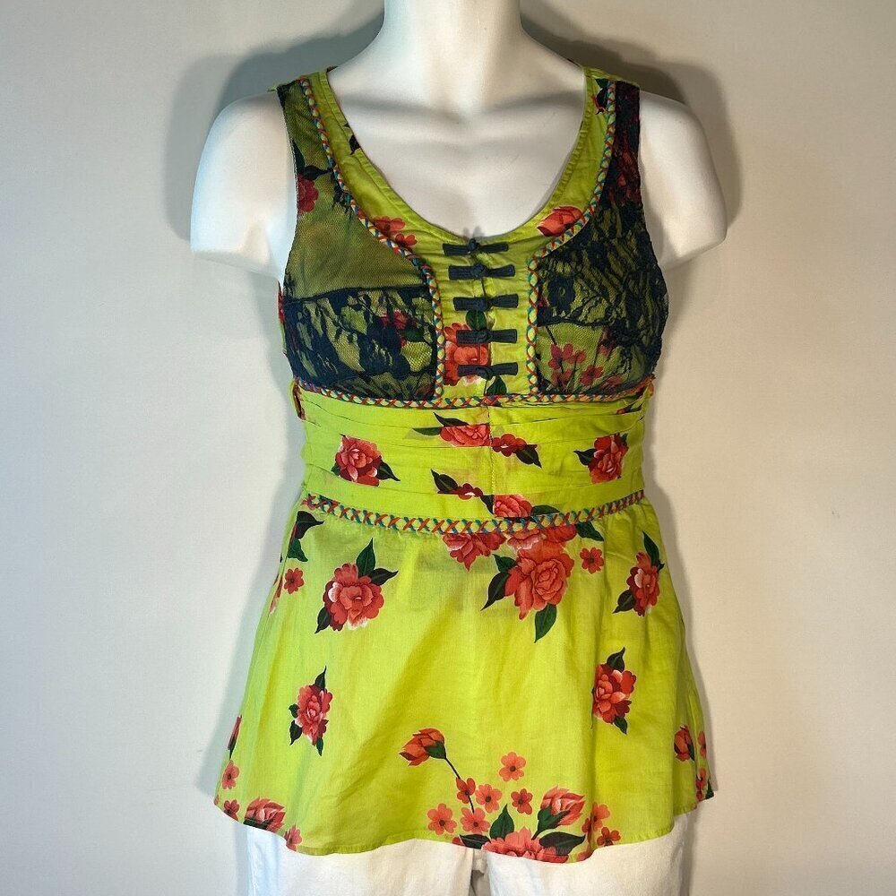 Free People SZS Bright green & Pink floral Y2K Boho 80's Cottage Coquette 70's